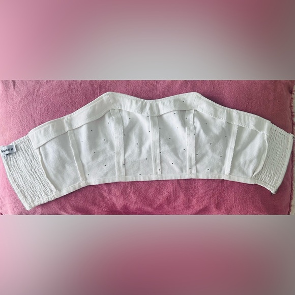 Rhinestone Studded SM White Denim Cropped Stretch Sweetheart Neckline Corset Top - Picture 4 of 6